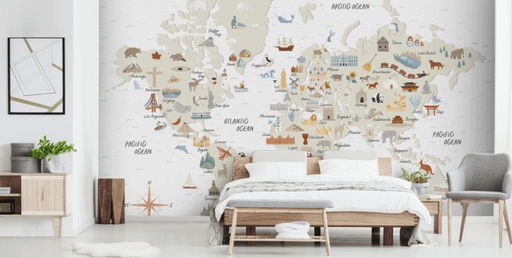 natural toned kids world map wallpaper