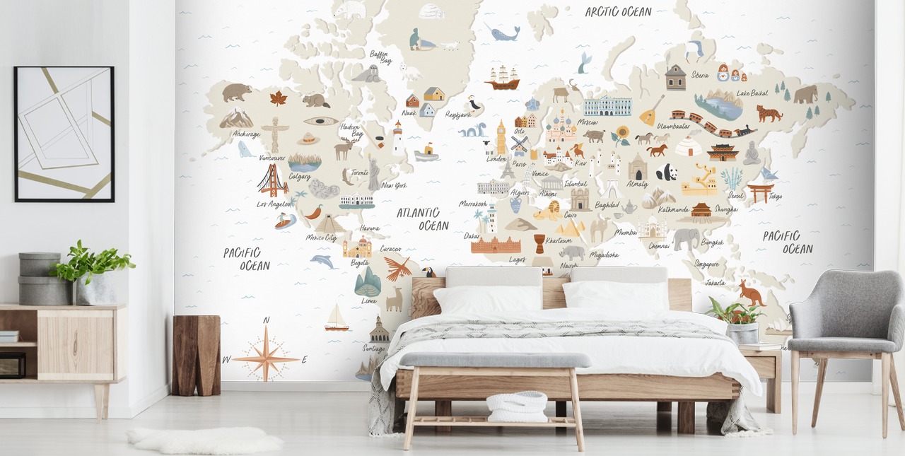 natural toned kids world map wallpaper