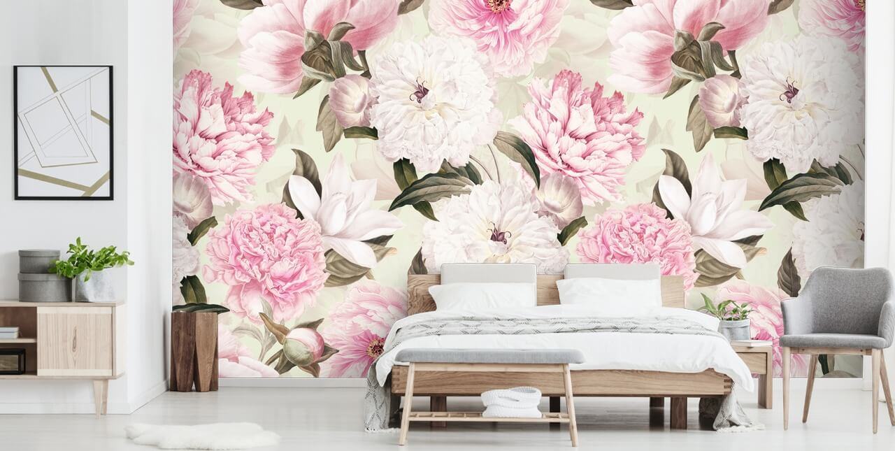 blush vintage pioenrozen lentetuin behang