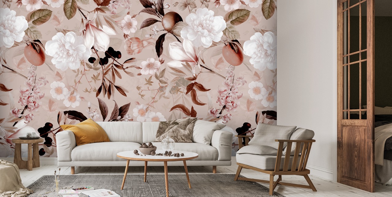 Exotic Peonies and Fruit Wall Mural | Wallsauce UK