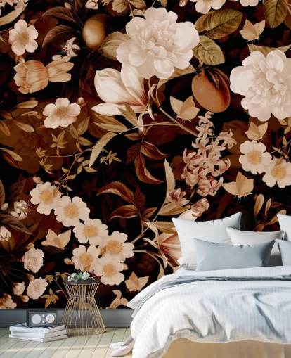 vintage exotic peonies and tropical fruits night garden wallpaper vintage exotic peonies and tropical fruits night garden wallpaper