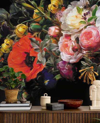 papel de parede floral escuro papoula e rosa papel de parede floral escuro papoula e rosa