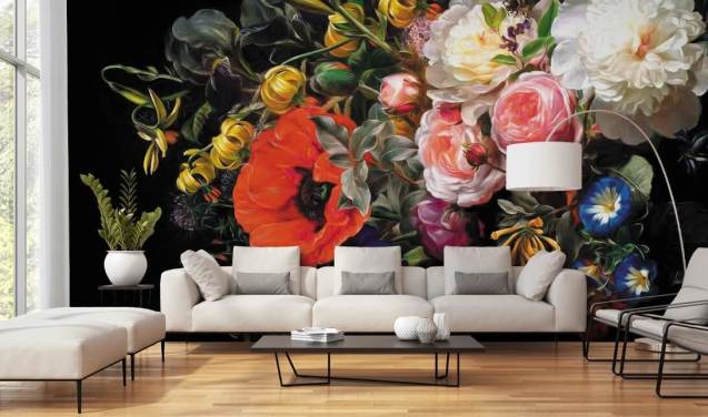 donker bloemen papaver en roos behang