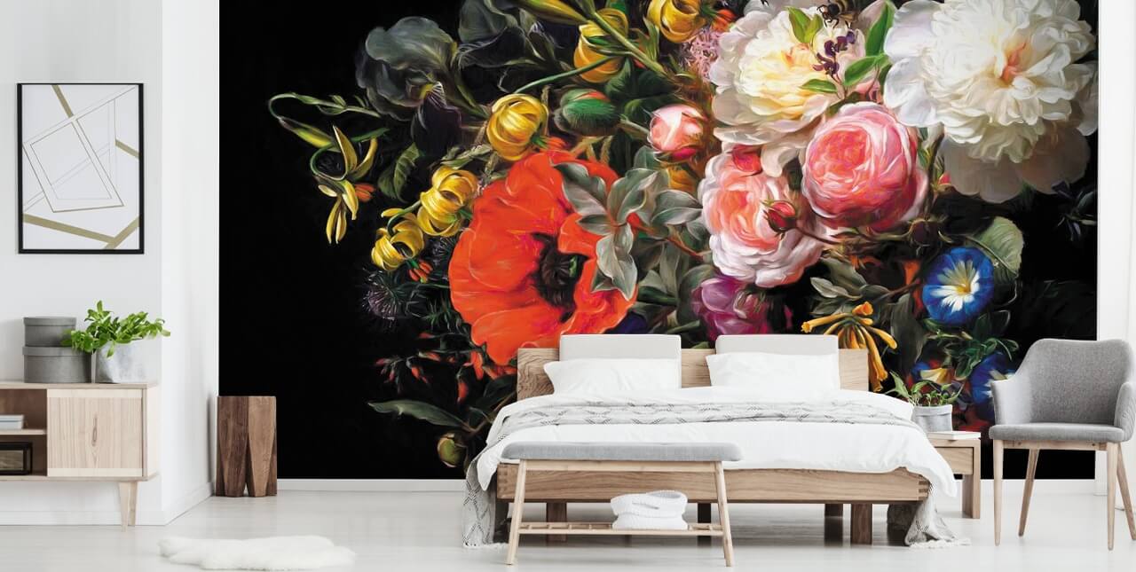 dark floral poppy and rose wallpaper