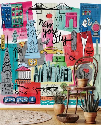 colorful New York City illustration wallpaper mural called New York City Life by Farida Zaman for bedrooms and businesses colorful New York City illustration wallpaper mural called New York City Life by Farida Zaman for bedrooms and businesses