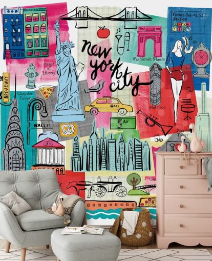 colourful New York City illustration wallpaper mural called New York City Life by Farida Zaman for bedrooms and businesses colourful New York City illustration wallpaper mural called New York City Life by Farida Zaman for bedrooms and businesses