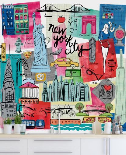 farverigt New York City-illustration tapetmaleri kaldet New York City Life af Farida Zaman til soveværelser og virksomheder farverigt New York City-illustration tapetmaleri kaldet New York City Life af Farida Zaman til soveværelser og virksomheder