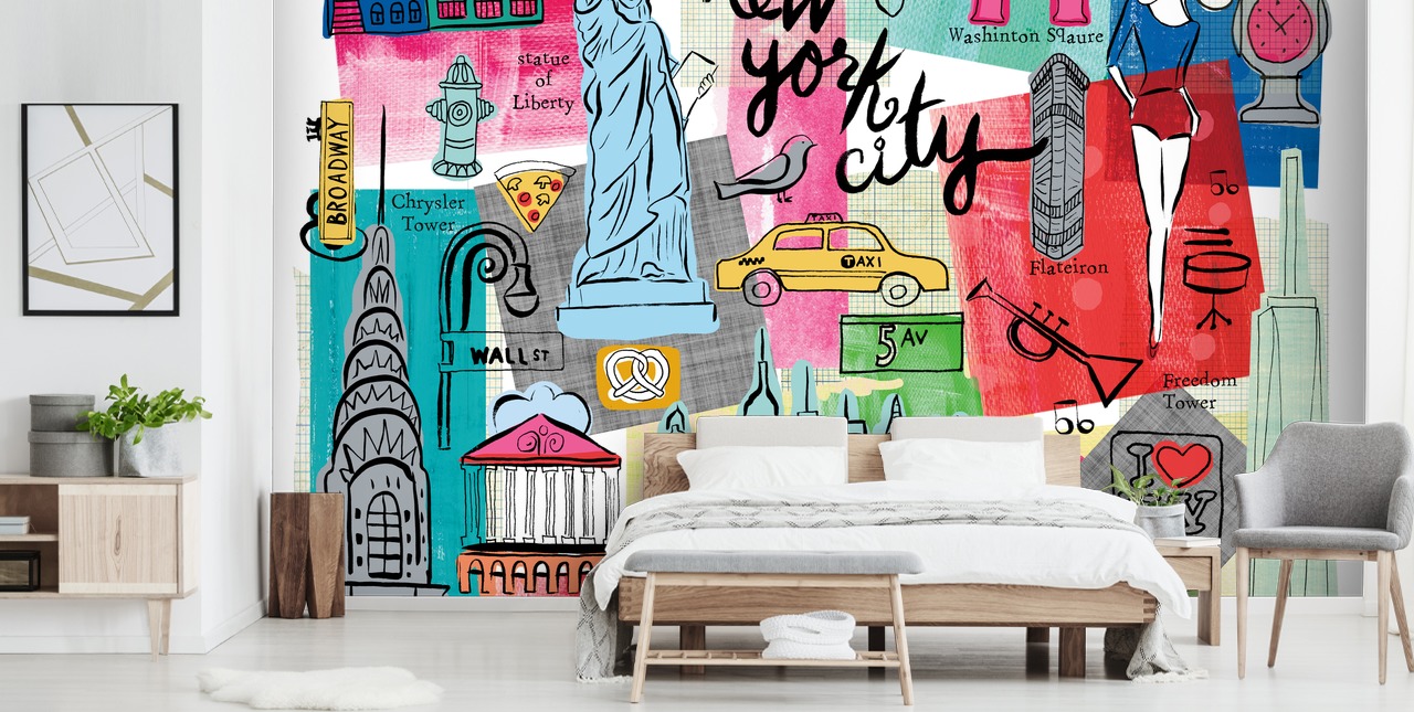 colourful New York City illustration wallpaper mural called New York City Life by Farida Zaman for bedrooms and businesses