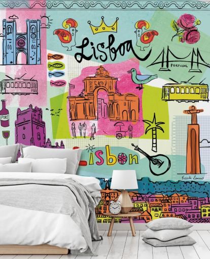 kleurrijke illustratie van lissabon behang kleurrijke illustratie van lissabon behang