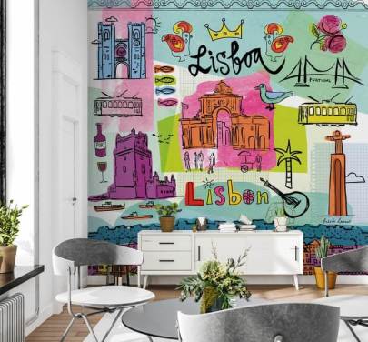 kleurrijke illustratie van lissabon behang