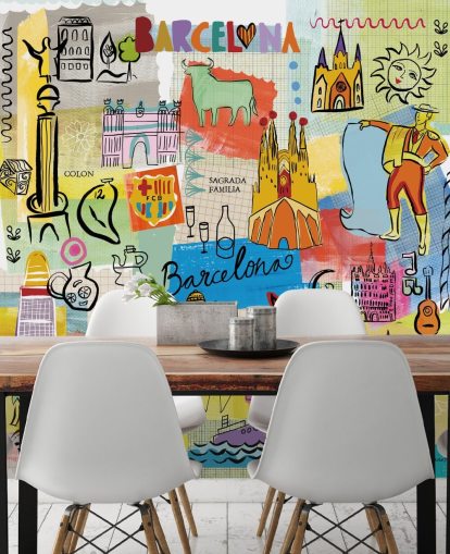 barcelona illustration farverige tapet barcelona illustration farverige tapet