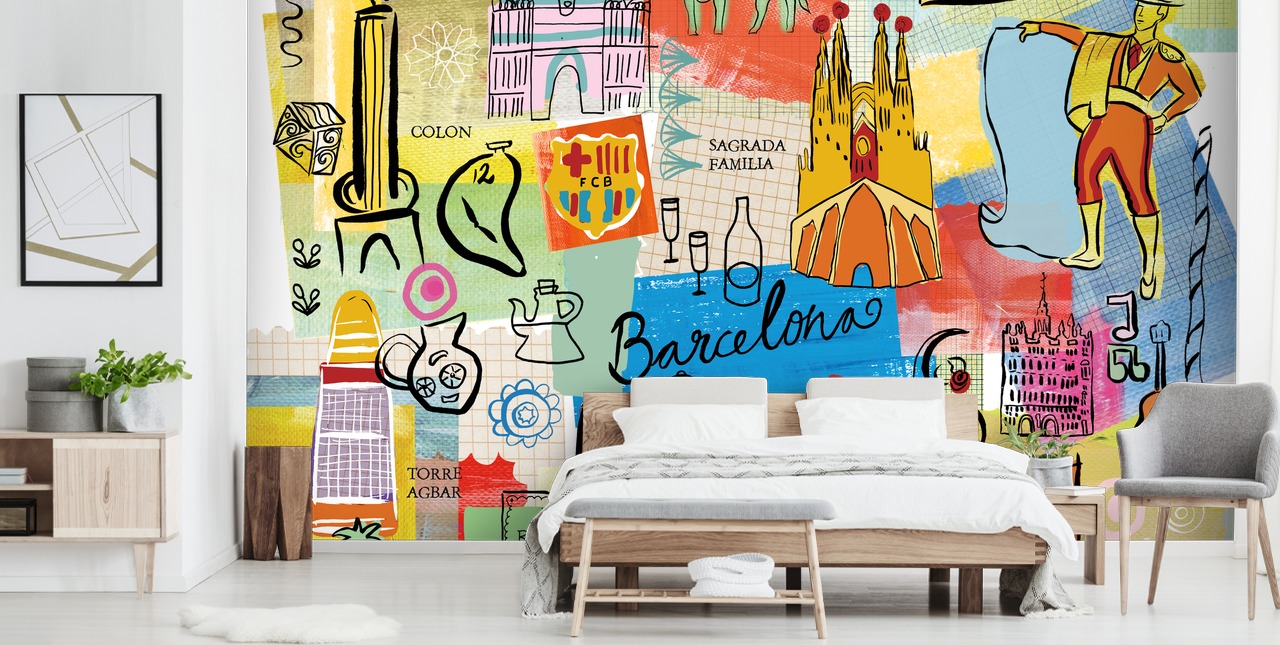 barcelona illustratie kleurrijk behang