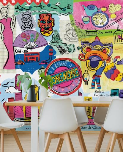 kleurrijk hong kong illustratie behang kleurrijk hong kong illustratie behang