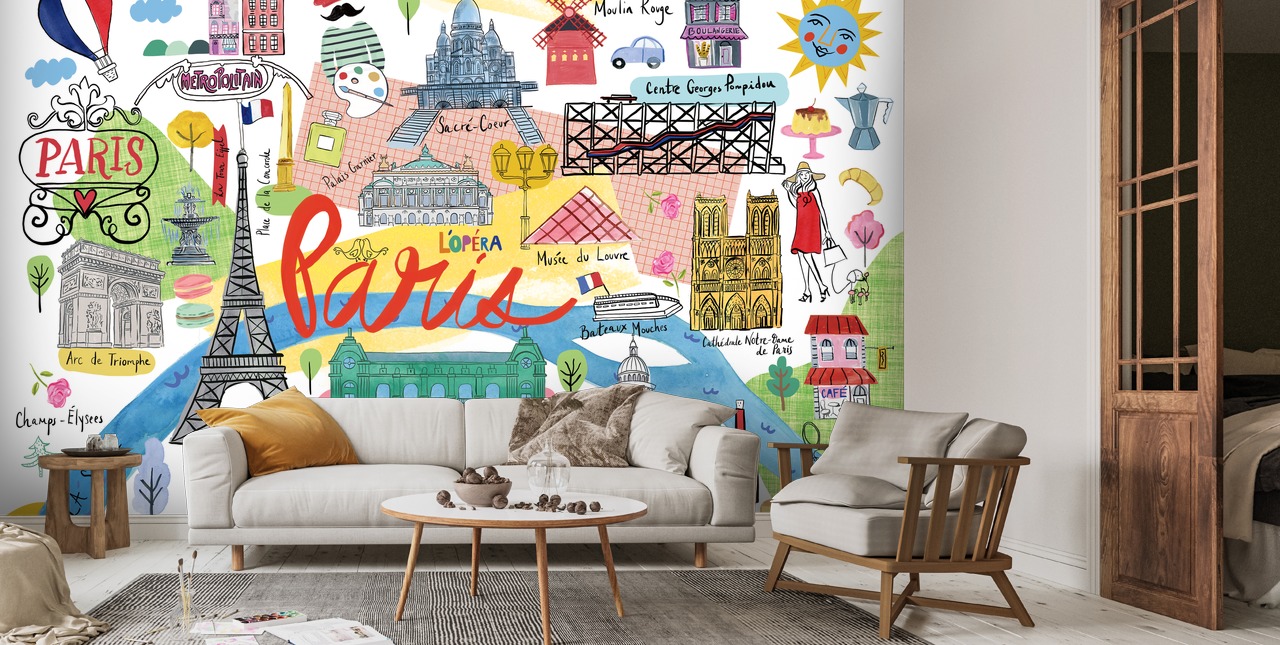 Colourful Paris Map Wall Mural | Wallsauce UK