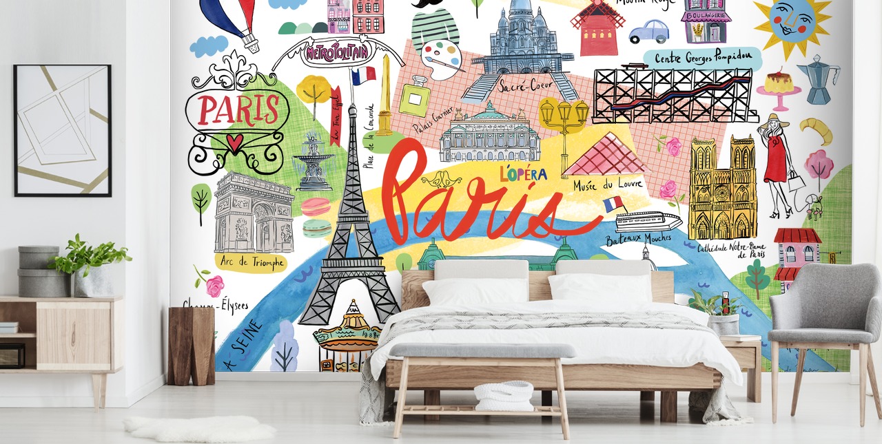 colourful map of paris illustrated wallpaper