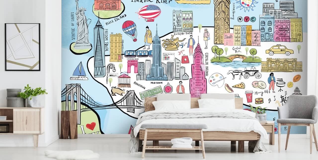 pastel new york illustratie behang