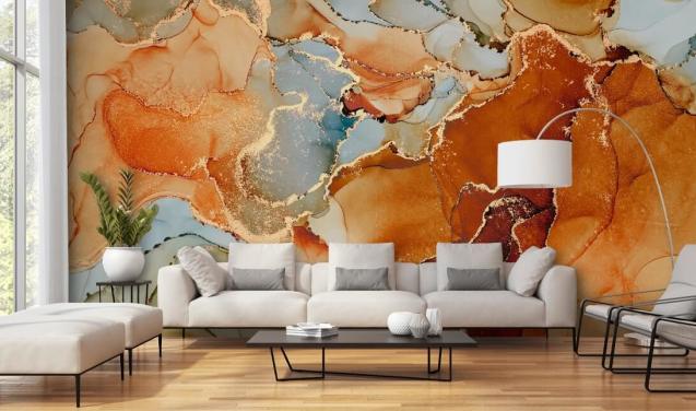 orange och grå marmor effekt tapet kallad Orange akvarell för sovrum, badrum och vardagsrum