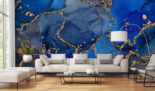 papel pintado efecto mármol azul y dorado