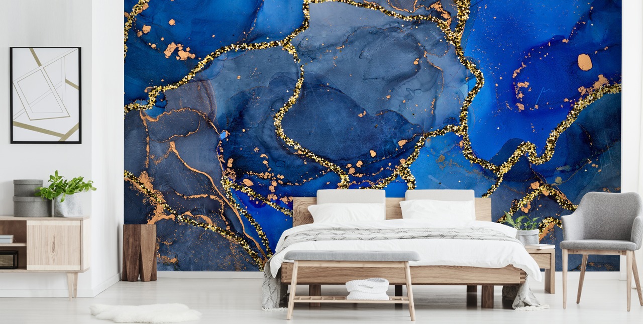 papel pintado efecto mármol azul y dorado