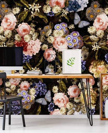 donkere bloemen in paars en roze behang donkere bloemen in paars en roze behang