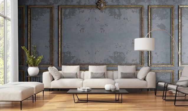dark grey and gold panel effect wallpaper