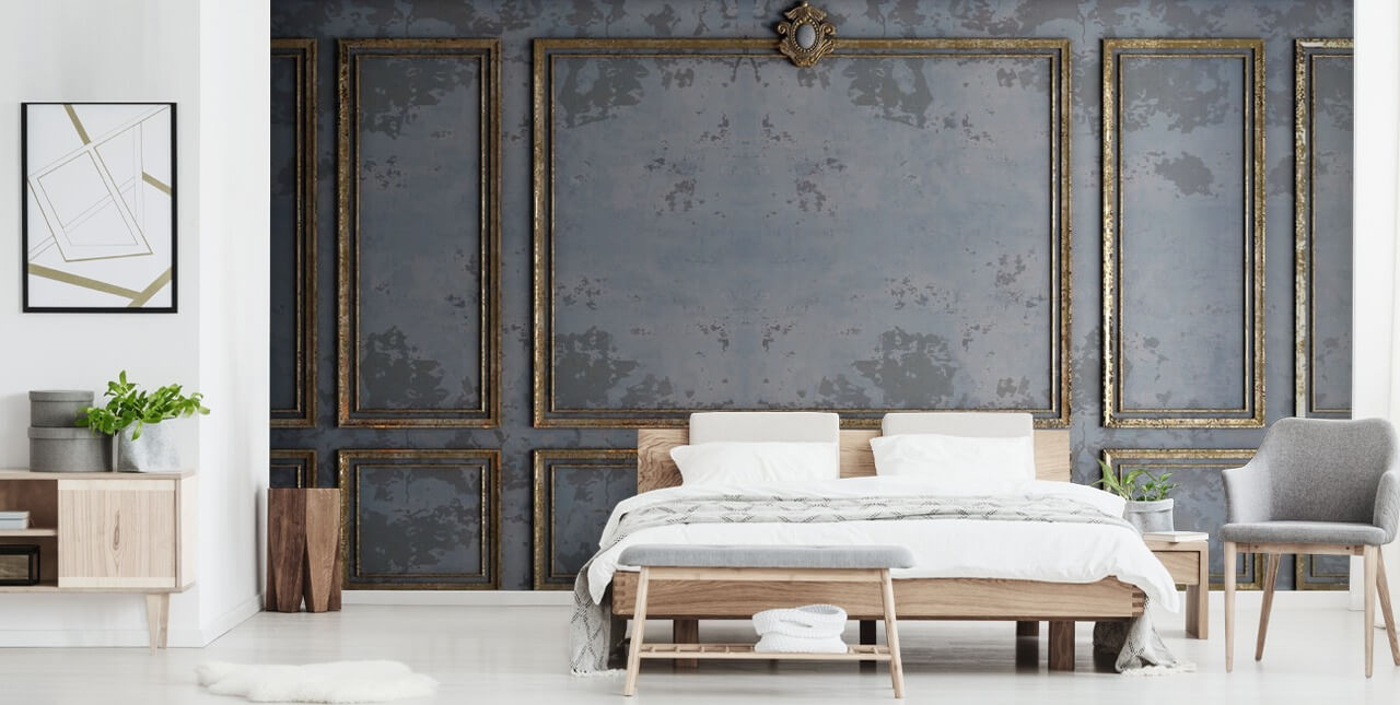 dark gray and gold panel effect wallpaper
