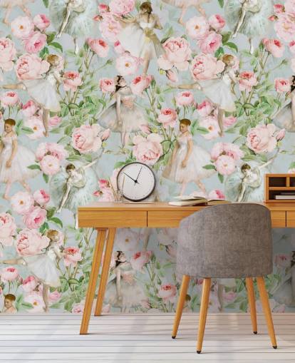 Pastellrosa blomster og dansende kvinner i hvite kjoler på lyseblå bakgrunn Pastellrosa blomster og dansende kvinner i hvite kjoler på lyseblå bakgrunn