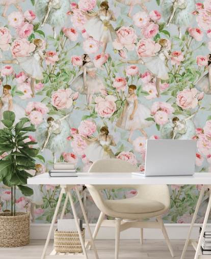 Pastell rosa blommor och dansande kvinnor i vita klänningar på en ljusblå bakgrund Pastell rosa blommor och dansande kvinnor i vita klänningar på en ljusblå bakgrund