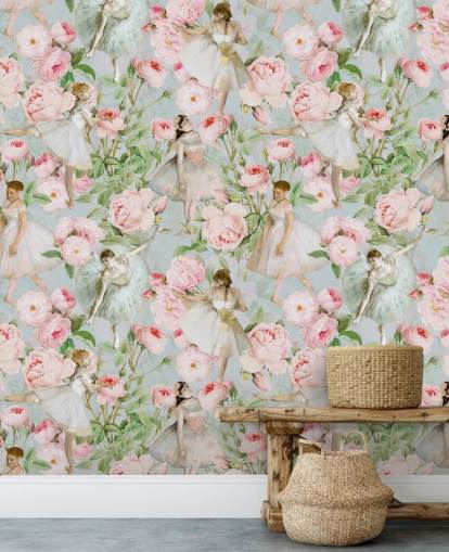 Pastellrosa blomster og dansende kvinder i hvide kjoler på en lyseblå baggrund Pastellrosa blomster og dansende kvinder i hvide kjoler på en lyseblå baggrund