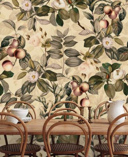 neutral tonet frugt og blomster tapet neutral tonet frugt og blomster tapet