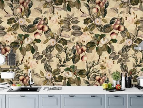 neutral toned fruit and flower wallpaper