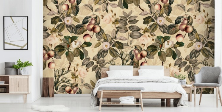 neutraal gekleurd fruit- en bloemenbehang