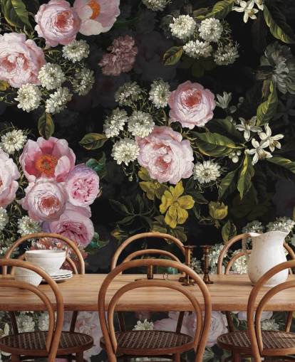 lyserøde roser og gule blomster på mørk baggrund tapet lyserøde roser og gule blomster på mørk baggrund tapet