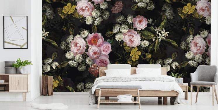 pink roses and yellow flowers on dark background wallpaper