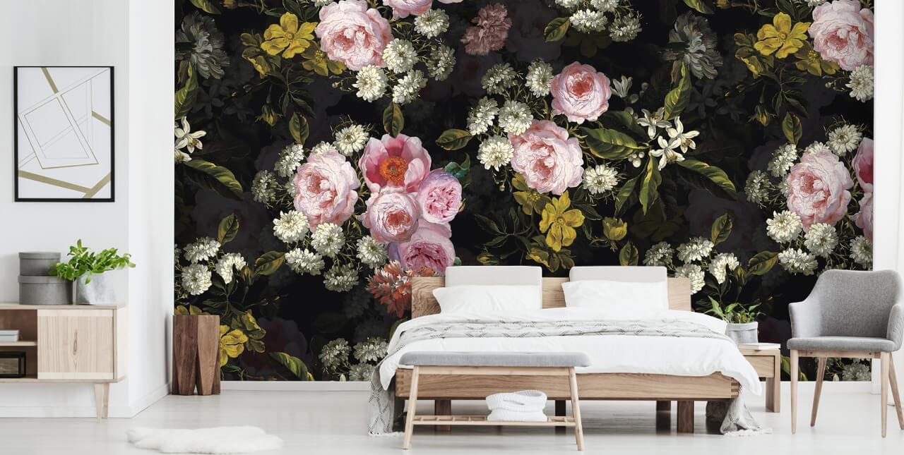 pink roses and yellow flowers on dark background wallpaper