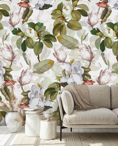 fiori di magnolia bianca, foglie verdi, sfondo bianco carta da parati fiori di magnolia bianca, foglie verdi, sfondo bianco carta da parati