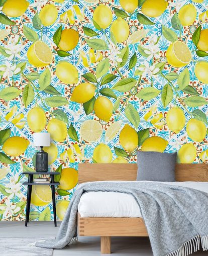 lemons on blue tile background wallpaper lemons on blue tile background wallpaper