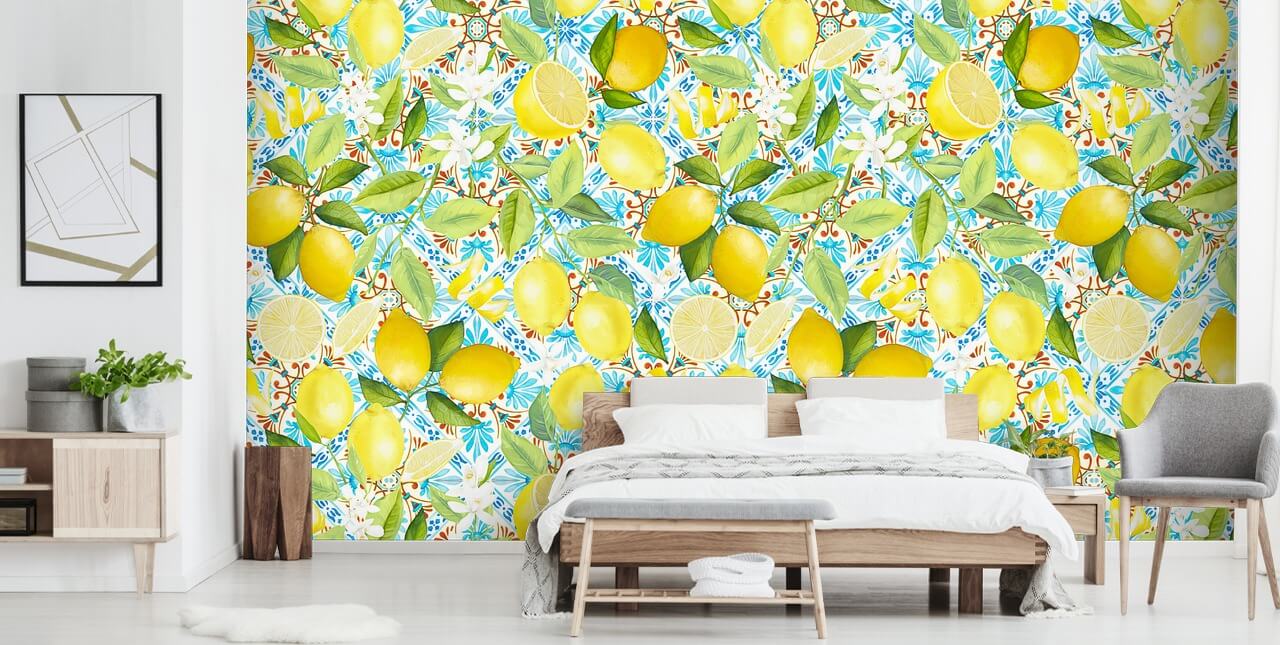 lemons on blue tile background wallpaper lemons on blue tile background wallpaper