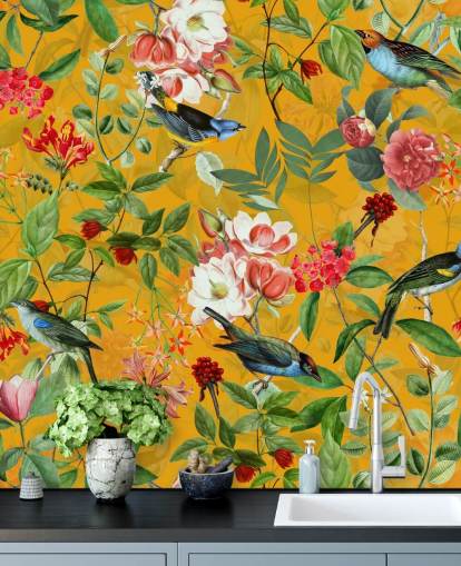 mosterdgeel bloemenbehang mosterdgeel bloemenbehang