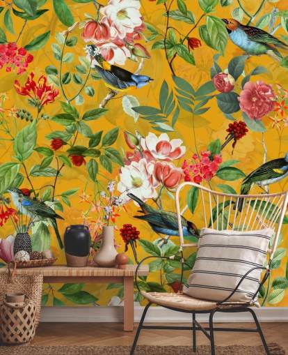 papel de parede floral amarelo mostarda papel de parede floral amarelo mostarda