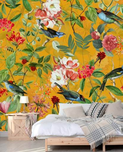 papel de parede floral amarelo mostarda papel de parede floral amarelo mostarda