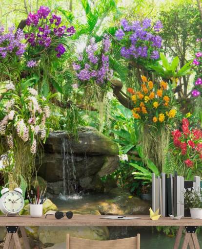 petite cascade et fleurs dans le papier peint de jardin petite cascade et fleurs dans le papier peint de jardin