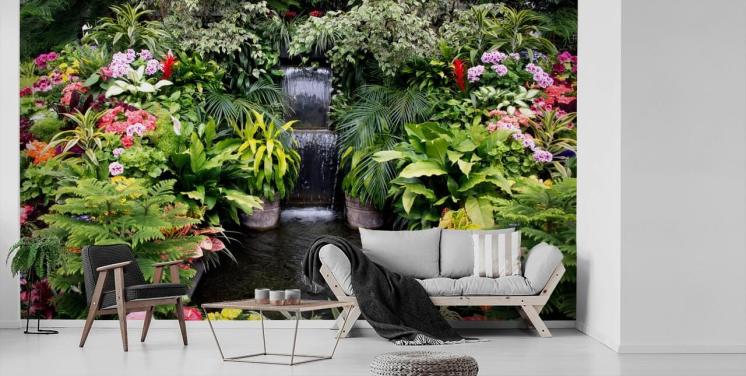 water feature and flowers wallpaper