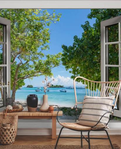 murale bianco e blu con finestra sulla spiaggia esotica chiamato Paradise Bay View per case e aziende murale bianco e blu con finestra sulla spiaggia esotica chiamato Paradise Bay View per case e aziende