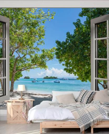 mural de parede de janela de praia exótico branco e azul chamado Paradise Bay View para residências e empresas mural de parede de janela de praia exótico branco e azul chamado Paradise Bay View para residências e empresas