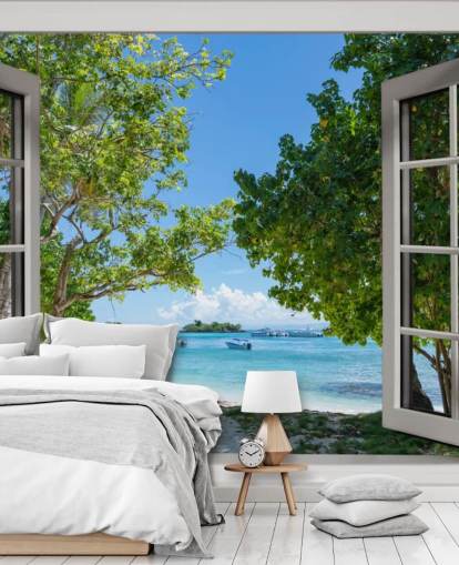 hvitt og blått eksotisk strandvindu veggmaleri kalt Paradise Bay View for hjem og bedrifter hvitt og blått eksotisk strandvindu veggmaleri kalt Paradise Bay View for hjem og bedrifter