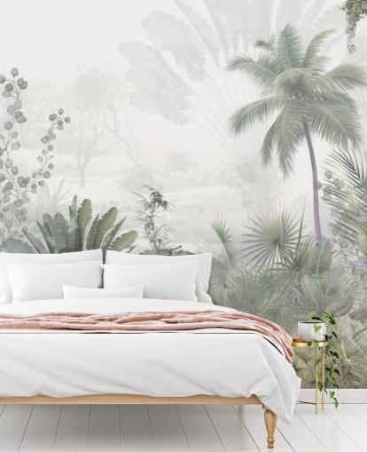 Dæmpet grøn jungle landskab tapet med høje plam træer og en diset baggrund Dæmpet grøn jungle landskab tapet med høje plam træer og en diset baggrund