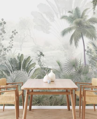 Muted green jungle landscape wallpaper with tall plam trees and a hazy background Muted green jungle landscape wallpaper with tall plam trees and a hazy background