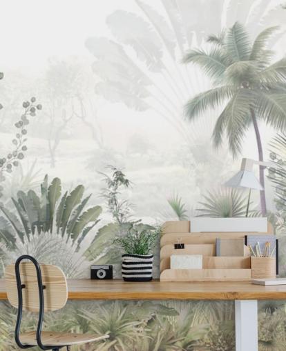 Muted green jungle landscape wallpaper with tall plam trees and a hazy background Muted green jungle landscape wallpaper with tall plam trees and a hazy background