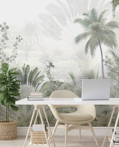 Muted green jungle landscape wallpaper with tall plam trees and a hazy background Muted green jungle landscape wallpaper with tall plam trees and a hazy background